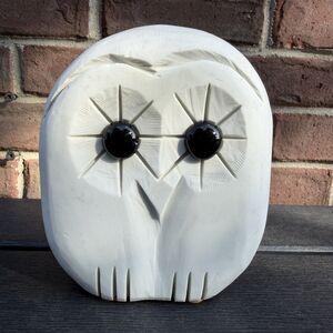 White Alabaster Stone Owl Figurine Black Glass Eyes 6” Carved Decor Vintage MCM